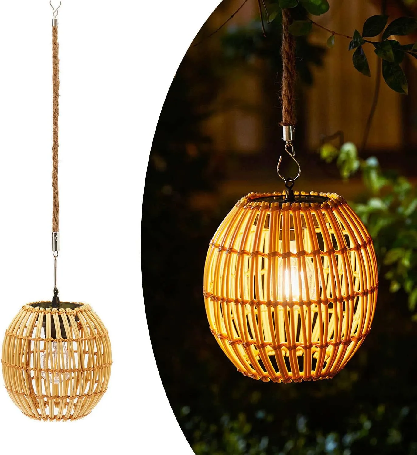 Hanging Solar Lantern Outdoor Waterproof, Large Solar Rattan Lantern Outdoor with Twine Handle, Bright Outdoors Hanging Lights with Edison Bulb for Garden Patio Yard Decoration