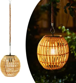 Hanging Solar Lantern Outdoor Waterproof, Large Solar Rattan Lantern Outdoor with Twine Handle, Bright Outdoors Hanging Lights with Edison Bulb for Garden Patio Yard Decoration
