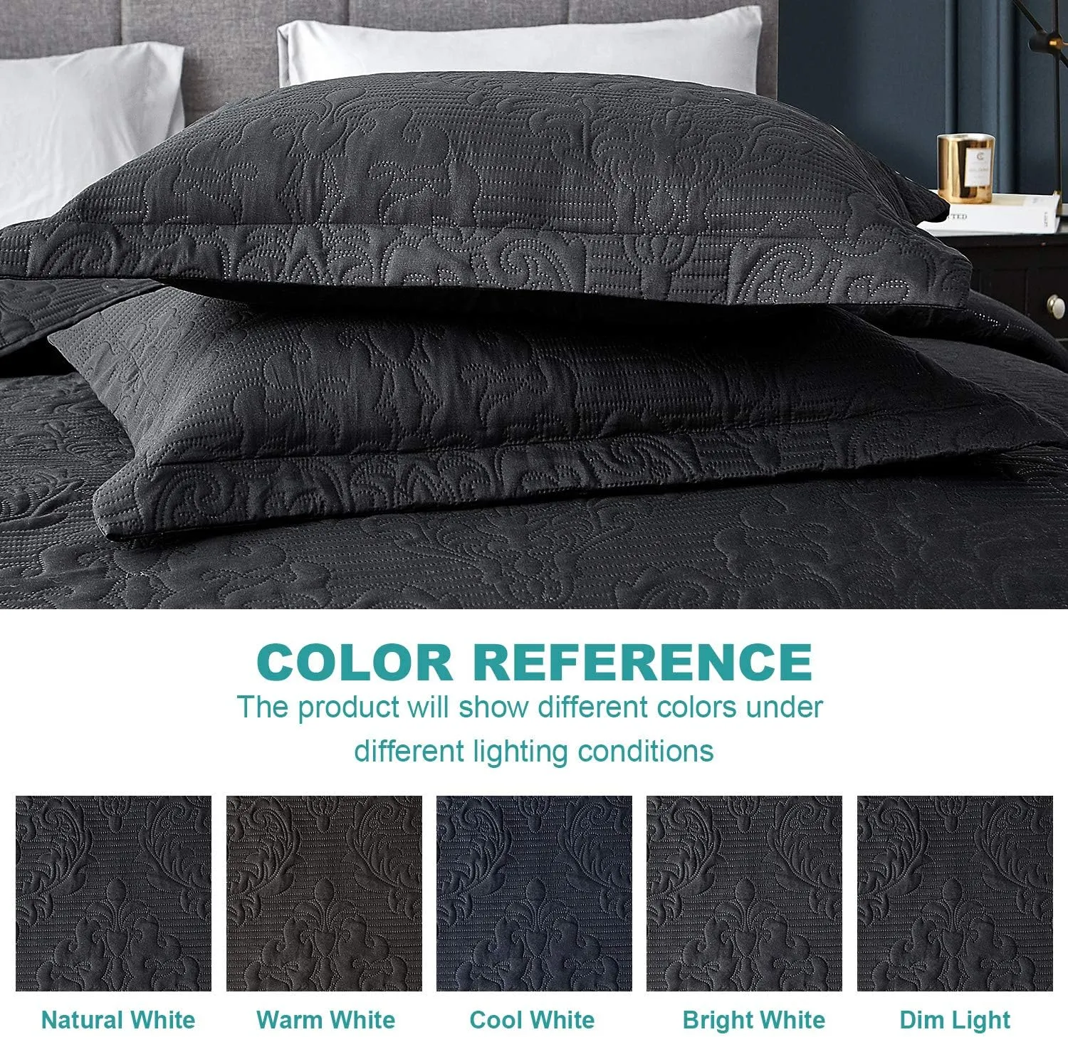 Hansleep Black Quilt Queen Size - Damask Ultrasonic All Season Bedspread Queen, Soft Lightweight Coverlet Bedding Set, 3 Pieces (1 Quilt, 2 Pillow Shams)