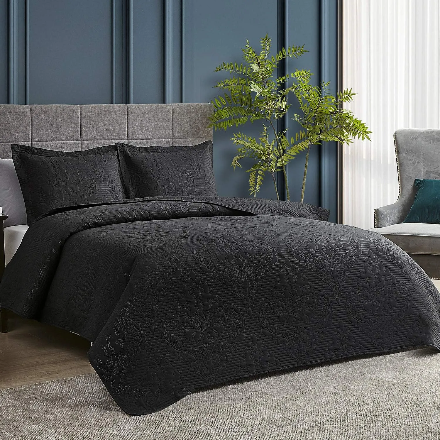 Hansleep Black Quilt Queen Size - Damask Ultrasonic All Season Bedspread Queen, Soft Lightweight Coverlet Bedding Set, 3 Pieces (1 Quilt, 2 Pillow Shams)