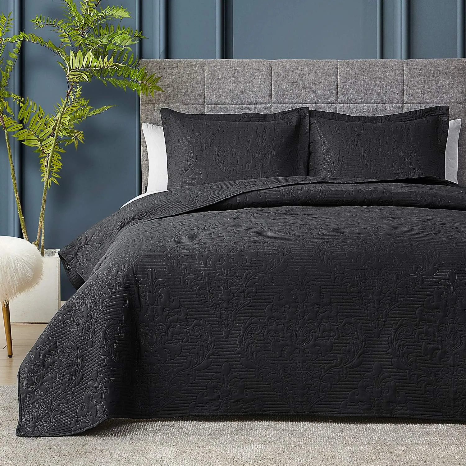 Hansleep Black Quilt Queen Size - Damask Ultrasonic All Season Bedspread Queen, Soft Lightweight Coverlet Bedding Set, 3 Pieces (1 Quilt, 2 Pillow Shams)