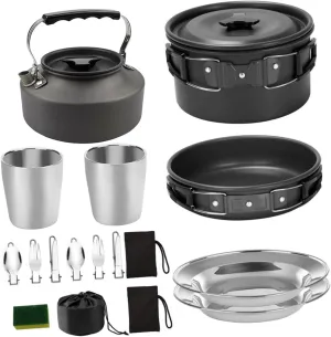Happyyami Outdoor Cooking Kit Camping Hiking Portable Cookware Set Non-Stick Pot Teapot Plate Silverware