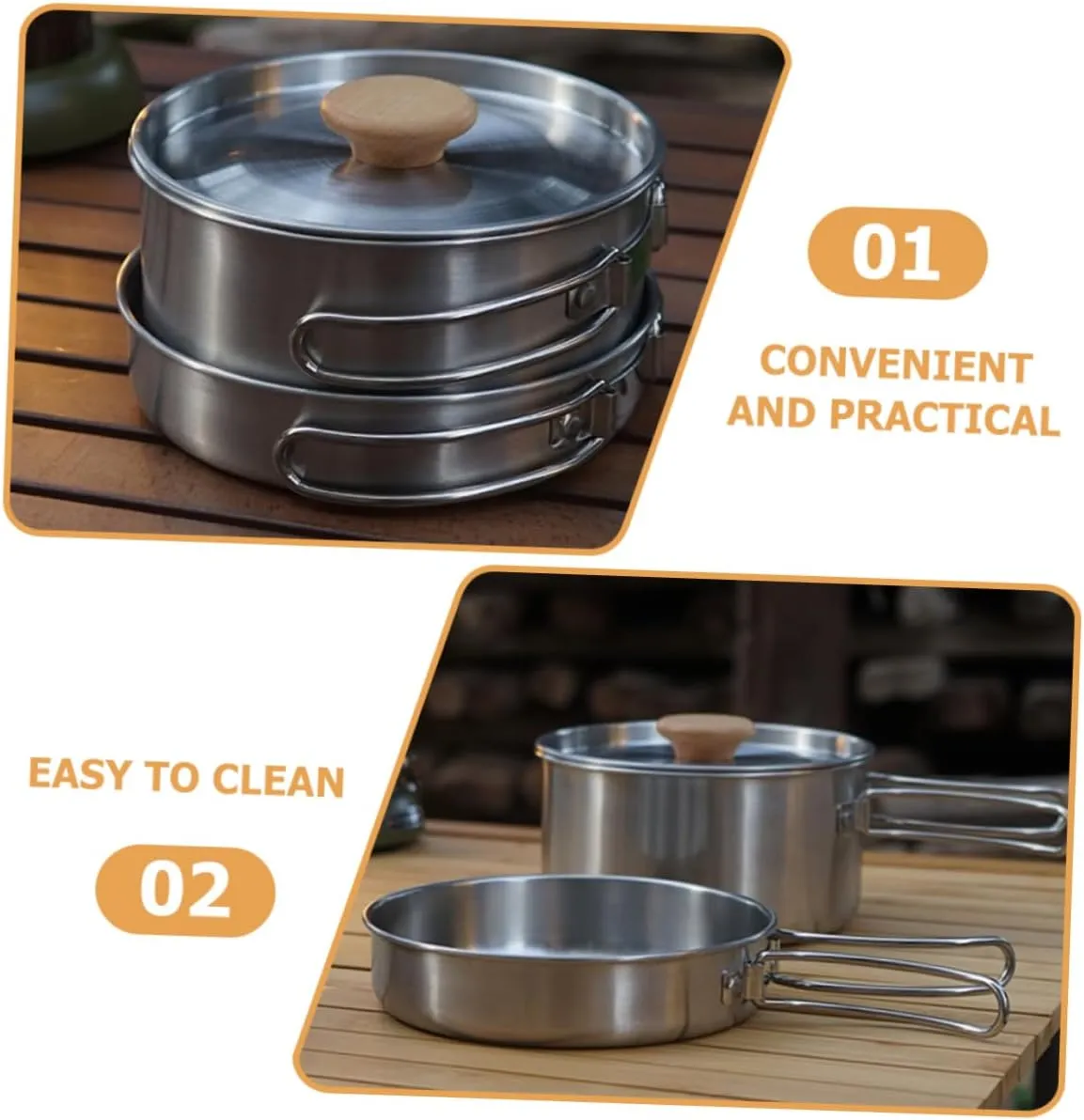 Happyyami Stainless Steel Stainless Steel Cooking Pot Folding Handle Camping Pot Multi-Function Frying Pan Frying