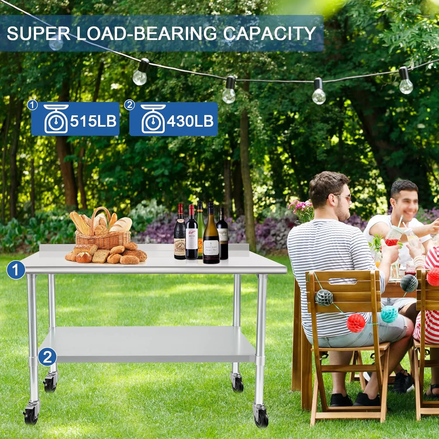 HARDURA Stainless Steel Table 24 x 48 Inches with Wheels Casters NSF Heavy Duty Commercial Prep Table with 2” Backsplash and Adjustable Undershelf for Restaurant Kitchen Home and Hotel