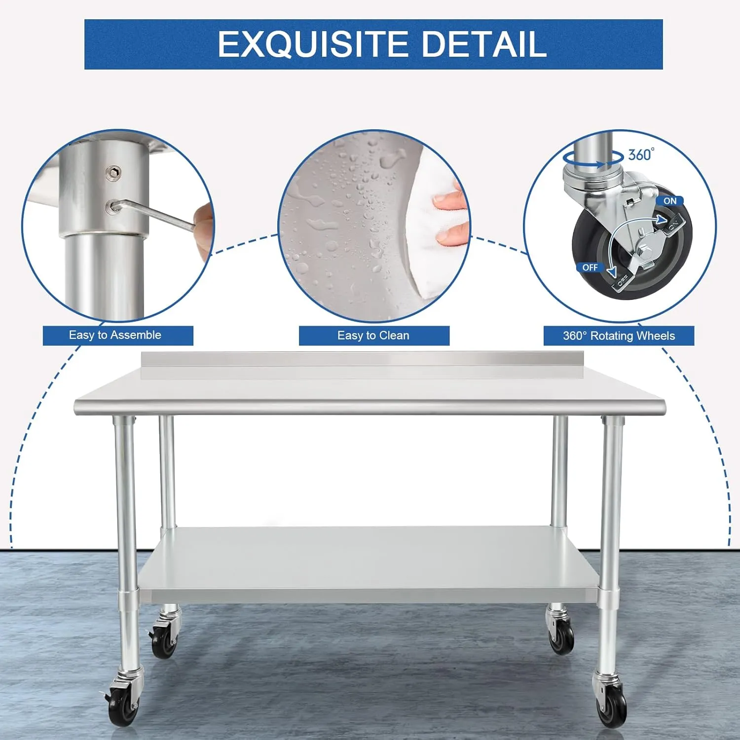 HARDURA Stainless Steel Table 24 x 48 Inches with Wheels Casters NSF Heavy Duty Commercial Prep Table with 2” Backsplash and Adjustable Undershelf for Restaurant Kitchen Home and Hotel