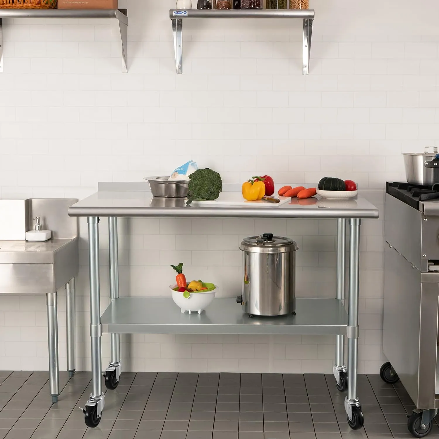 HARDURA Stainless Steel Table 24 x 48 Inches with Wheels Casters NSF Heavy Duty Commercial Prep Table with 2” Backsplash and Adjustable Undershelf for Restaurant Kitchen Home and Hotel