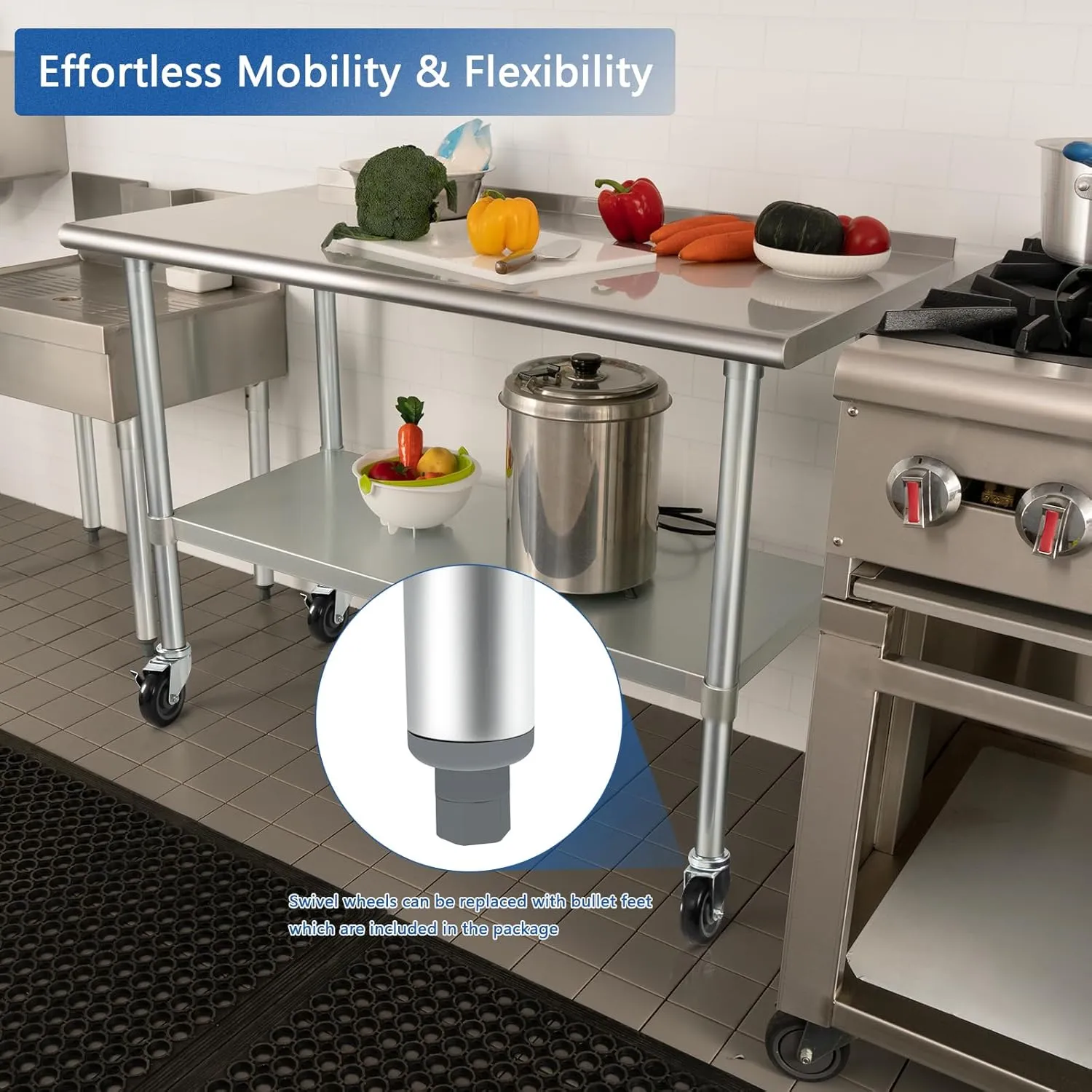 HARDURA Stainless Steel Table 24 x 48 Inches with Wheels Casters NSF Heavy Duty Commercial Prep Table with 2” Backsplash and Adjustable Undershelf for Restaurant Kitchen Home and Hotel