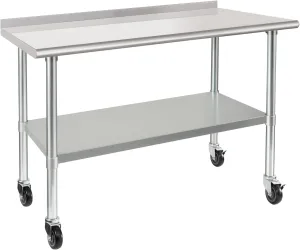 HARDURA Stainless Steel Table 24 x 48 Inches with Wheels Casters NSF Heavy Duty Commercial Prep Table with 2” Backsplash and Adjustable Undershelf for Restaurant Kitchen Home and Hotel