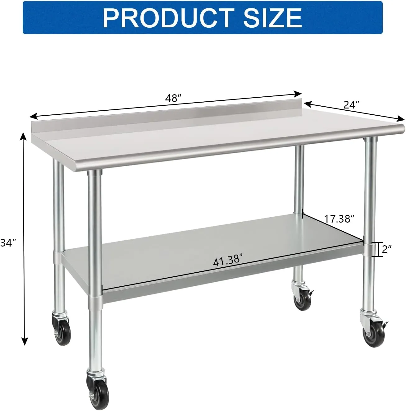 HARDURA Stainless Steel Table 24 x 48 Inches with Wheels Casters NSF Heavy Duty Commercial Prep Table with 2” Backsplash and Adjustable Undershelf for Restaurant Kitchen Home and Hotel