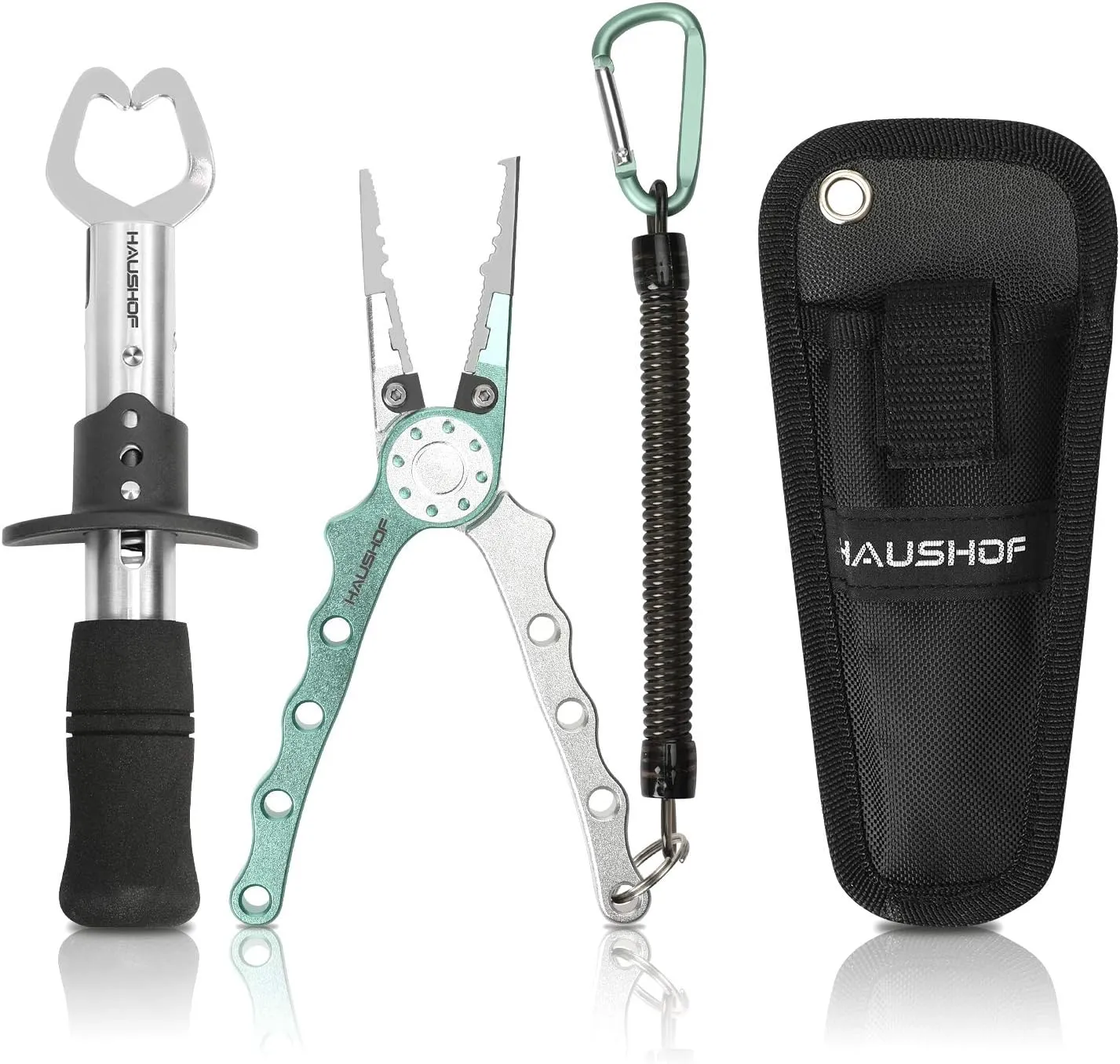 HAUSHOF Aluminum Fishing Pliers and Fish Lip Gripper, Stainless Steel Multi-Function Fishing Pliers Hook Remover with Tungsten Carbide Cutters, Coiled Lanyard and Sheath