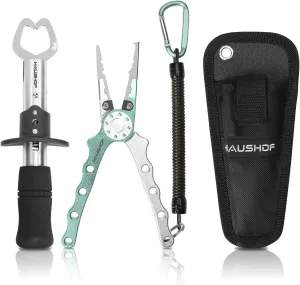 HAUSHOF Aluminum Fishing Pliers and Fish Lip Gripper, Stainless Steel Multi-Function Fishing Pliers Hook Remover with Tungsten Carbide Cutters, Coiled Lanyard and Sheath