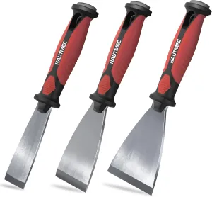 HAUTMEC 3pc Putty Knife Set, 1.25 in - 2 in - 3 in Paint Scraper, Flat Heavy Duty Stainless Steel Blade and Hammer End for Removing Wallpaper for Puttying Plaster, Cement HT0062-PT