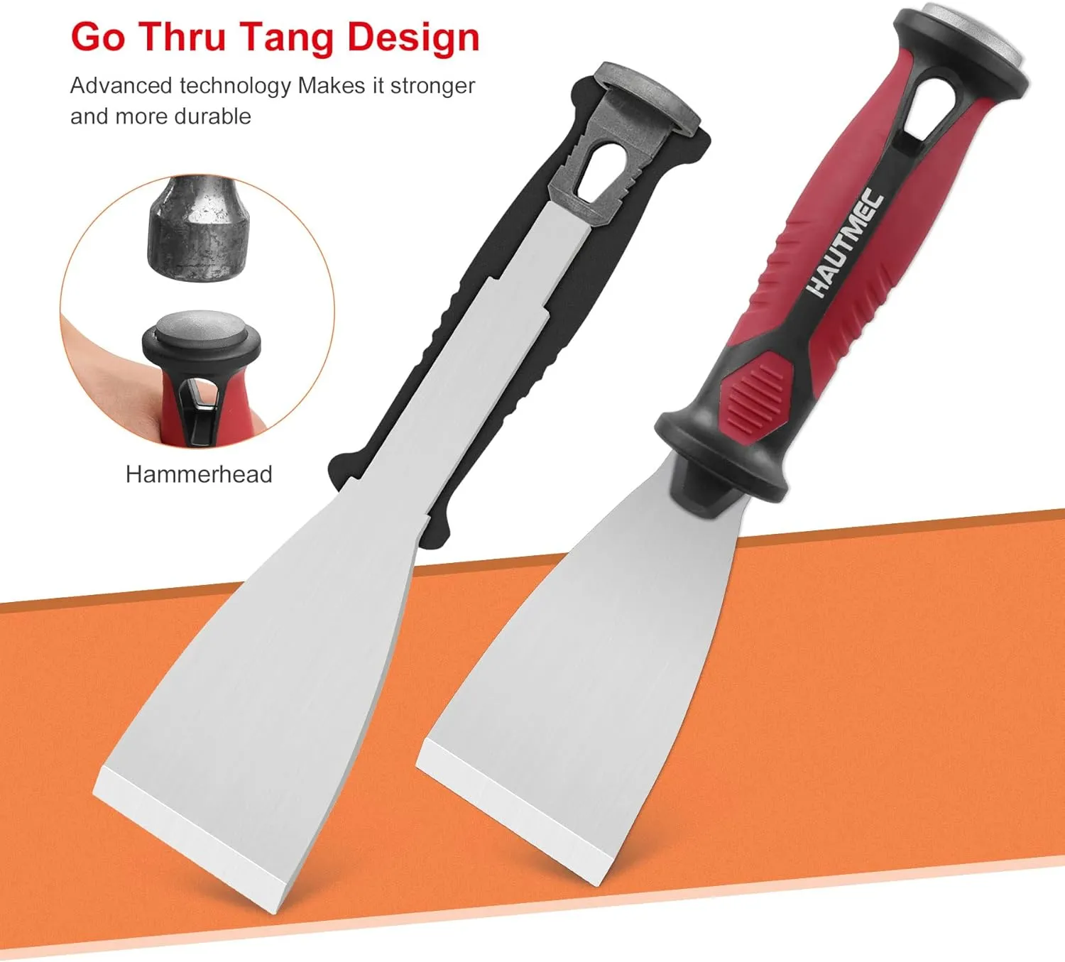 HAUTMEC 3pc Putty Knife Set, 1.25 in - 2 in - 3 in Paint Scraper, Flat Heavy Duty Stainless Steel Blade and Hammer End for Removing Wallpaper for Puttying Plaster, Cement HT0062-PT