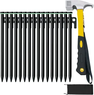 Heavy Duty Tent Stakes (16 Pack, 10in), Forged Steel, Includes Hammer & Storage Pouch, Ideal for Rocky Terrains, Desert & Snowfield