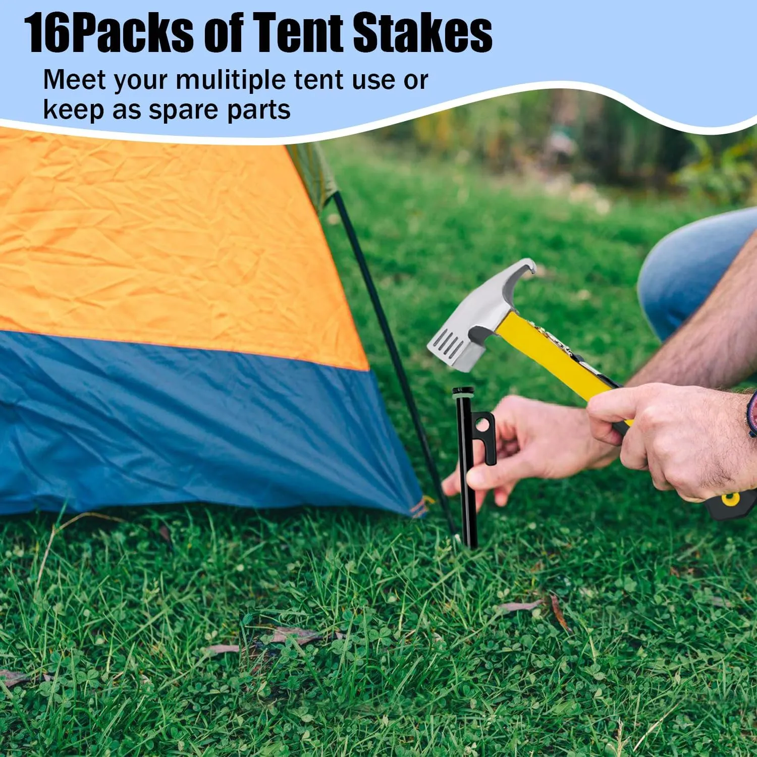 Heavy Duty Tent Stakes (16 Pack, 10in), Forged Steel, Includes Hammer & Storage Pouch, Ideal for Rocky Terrains, Desert & Snowfield