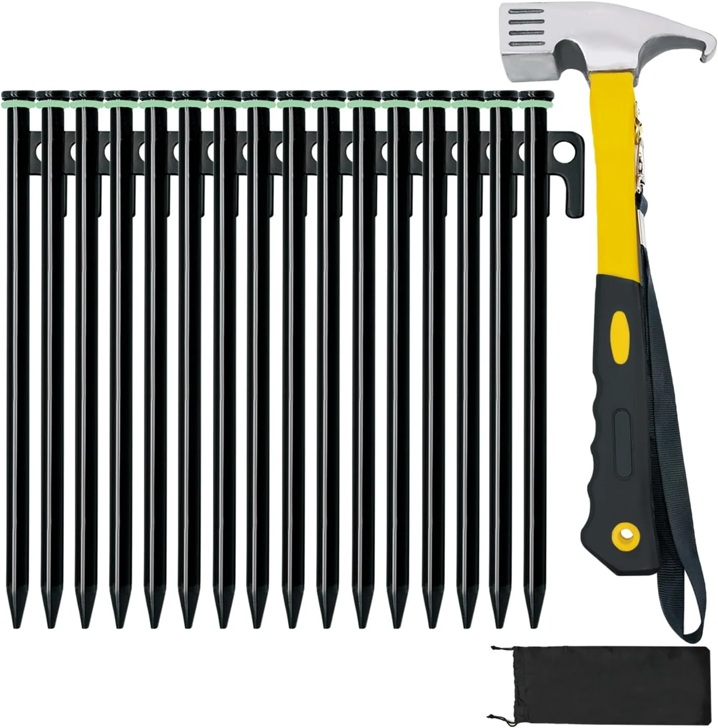 Heavy Duty Tent Stakes (16 Pack, 10in), Forged Steel, Includes Hammer & Storage Pouch, Ideal for Rocky Terrains, Desert & Snowfield