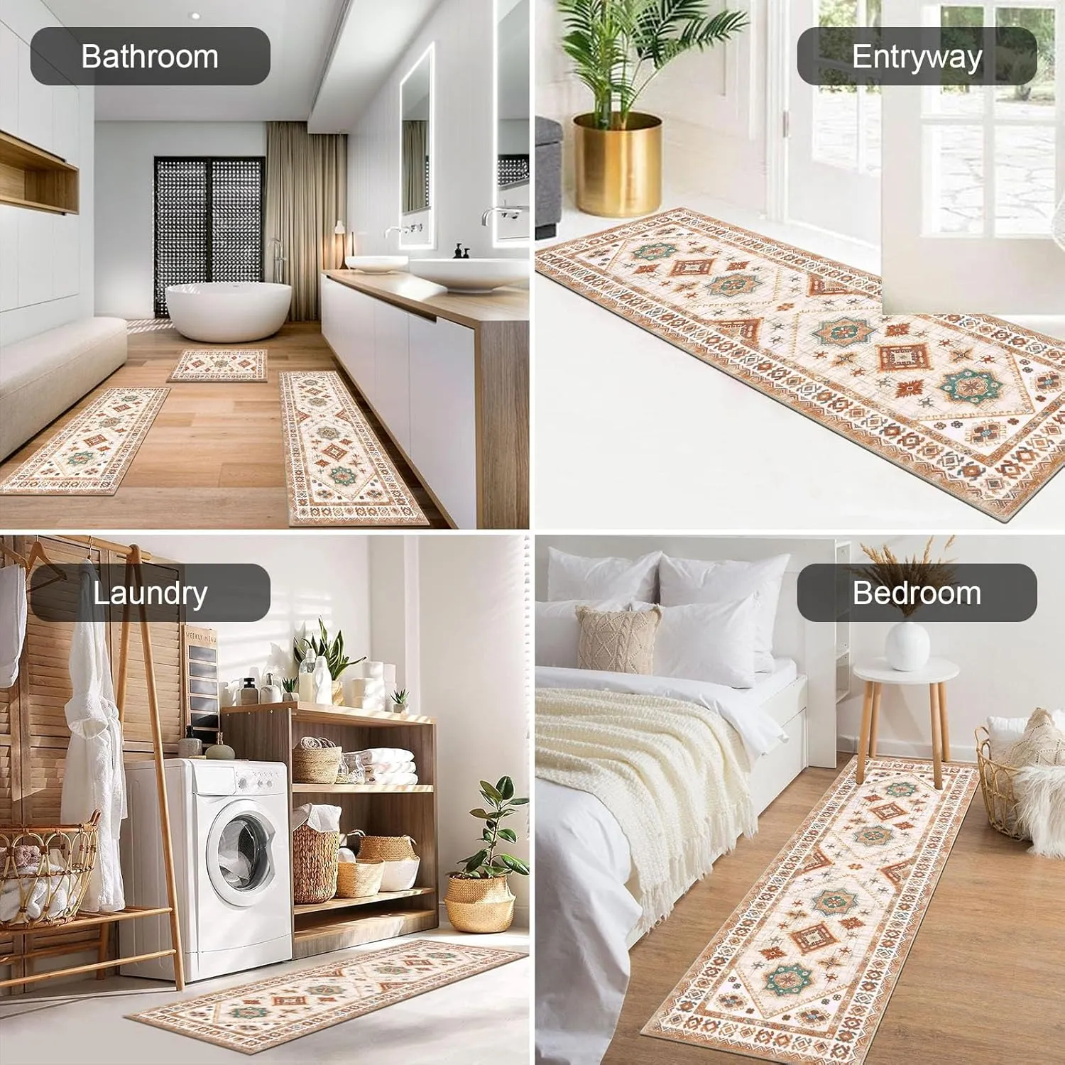 HEBE Boho Kitchen Rug Sets 3 Piece with Runner Non Slip Kitchen Rugs and Mats Washable Kitchen Mats for Floor Thick Kitchen Floor Mat Carpet Runner Rugs for Hallway Laundry Holiday Decor
