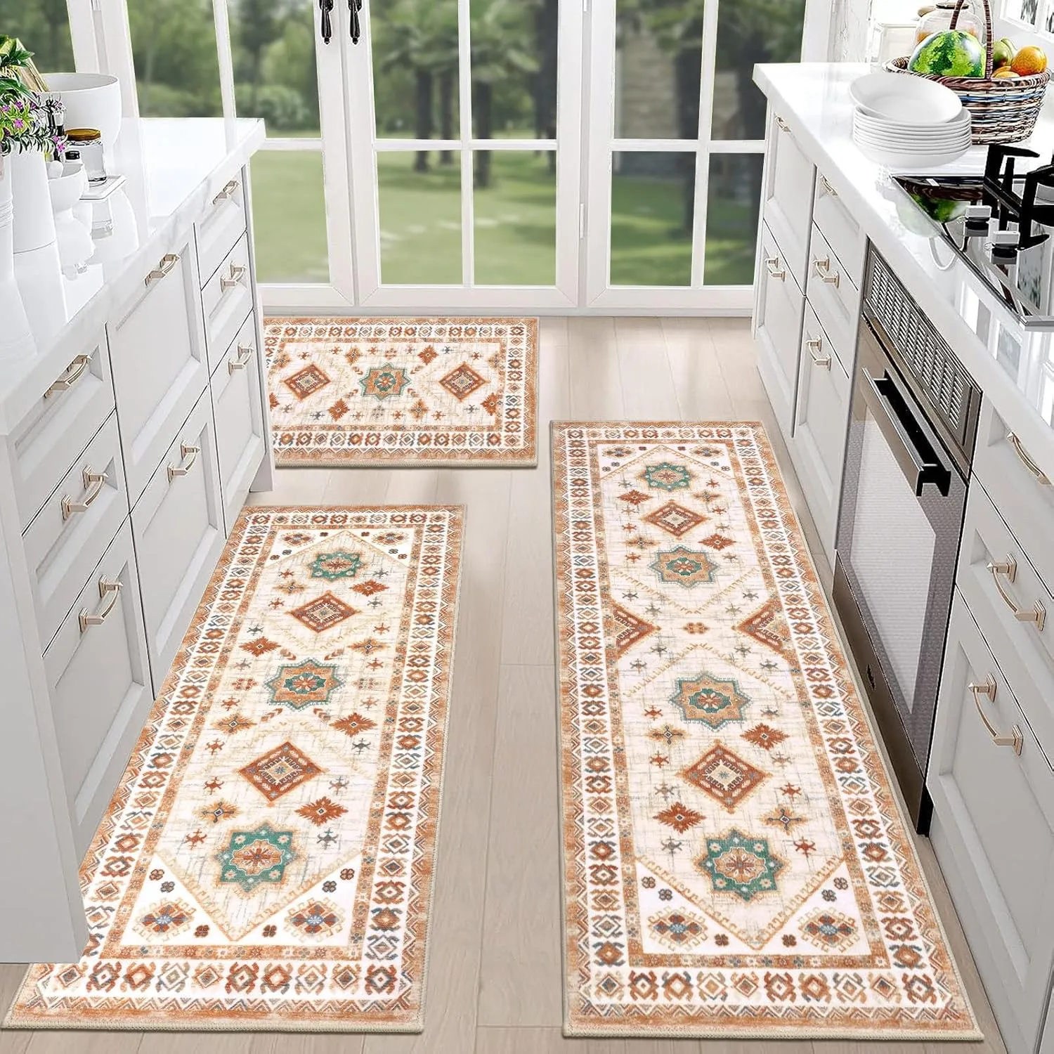 HEBE Boho Kitchen Rug Sets 3 Piece with Runner Non Slip Kitchen Rugs and Mats Washable Kitchen Mats for Floor Thick Kitchen Floor Mat Carpet Runner Rugs for Hallway Laundry Holiday Decor