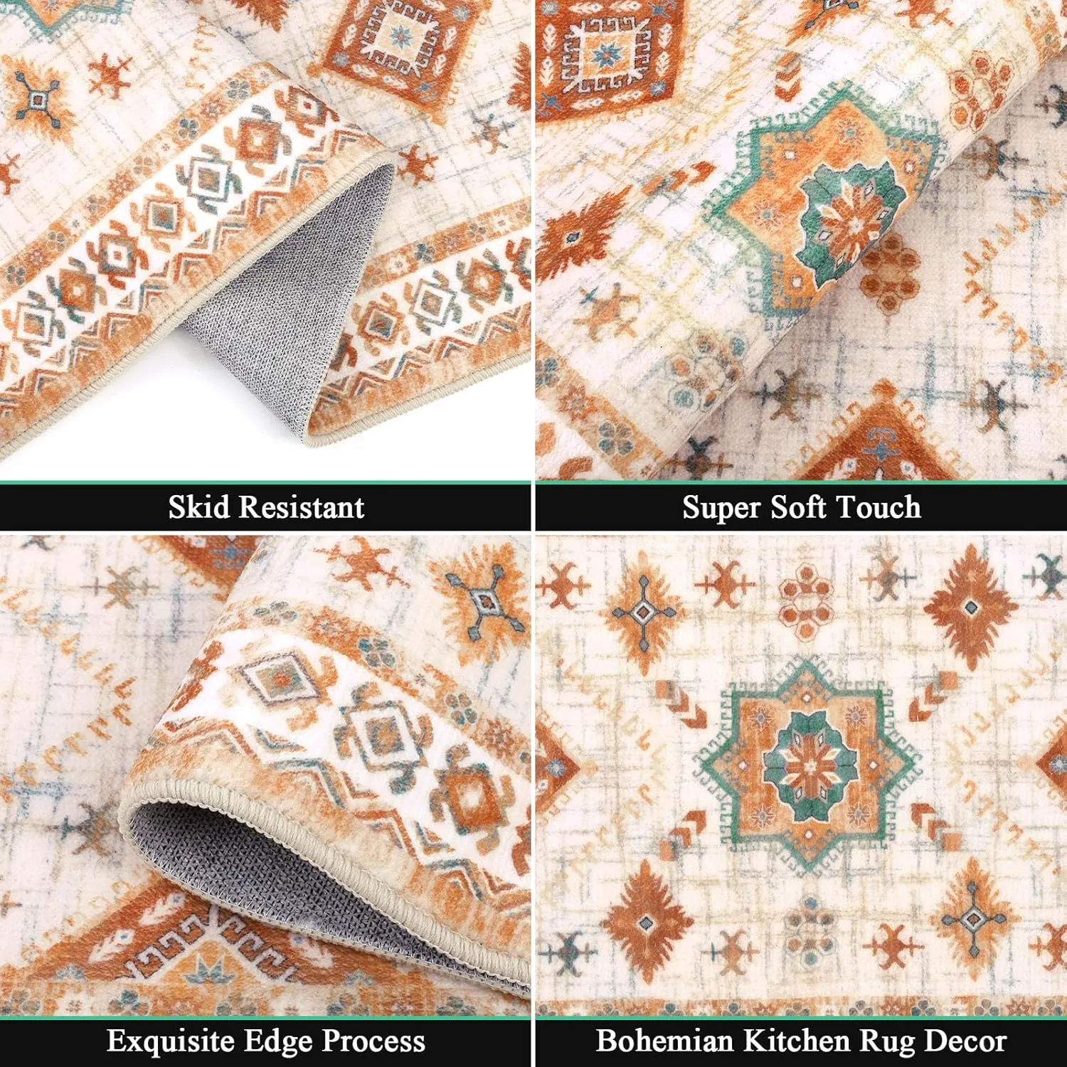 HEBE Boho Kitchen Rug Sets 3 Piece with Runner Non Slip Kitchen Rugs and Mats Washable Kitchen Mats for Floor Thick Kitchen Floor Mat Carpet Runner Rugs for Hallway Laundry Holiday Decor