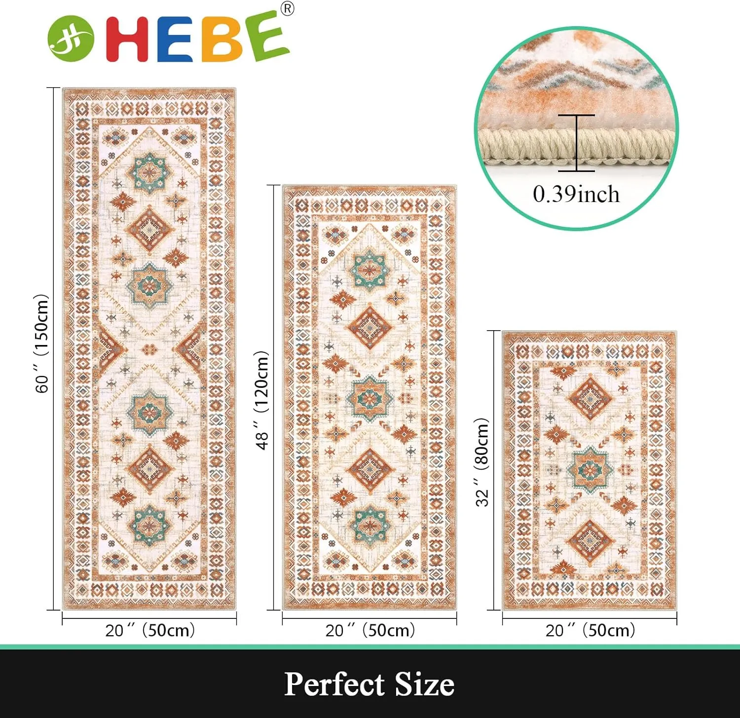 HEBE Boho Kitchen Rug Sets 3 Piece with Runner Non Slip Kitchen Rugs and Mats Washable Kitchen Mats for Floor Thick Kitchen Floor Mat Carpet Runner Rugs for Hallway Laundry Holiday Decor