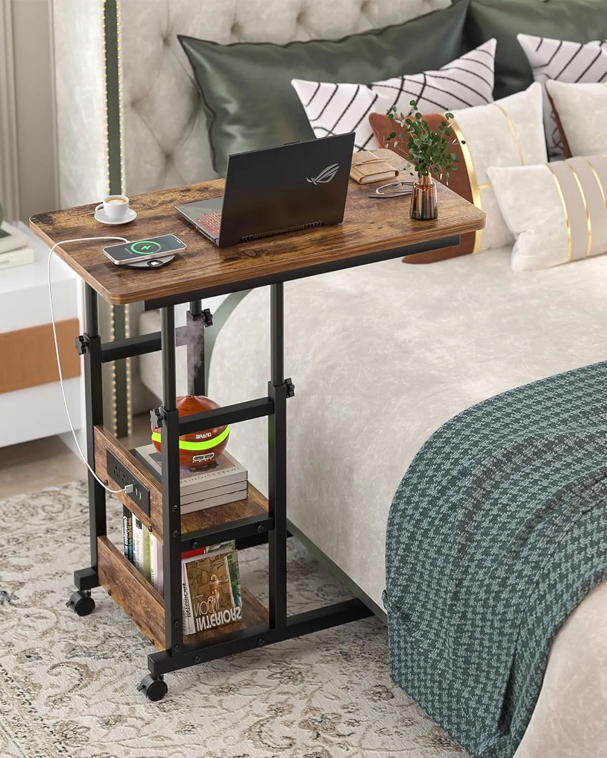 Height Adjustable End Table with Charging Station, Mobile C Shaped Laptop Side Table with Wheels, 3-Tier Sofa Couch Table with Storage Shelve for Living Room Bedroom, Rustic Brown