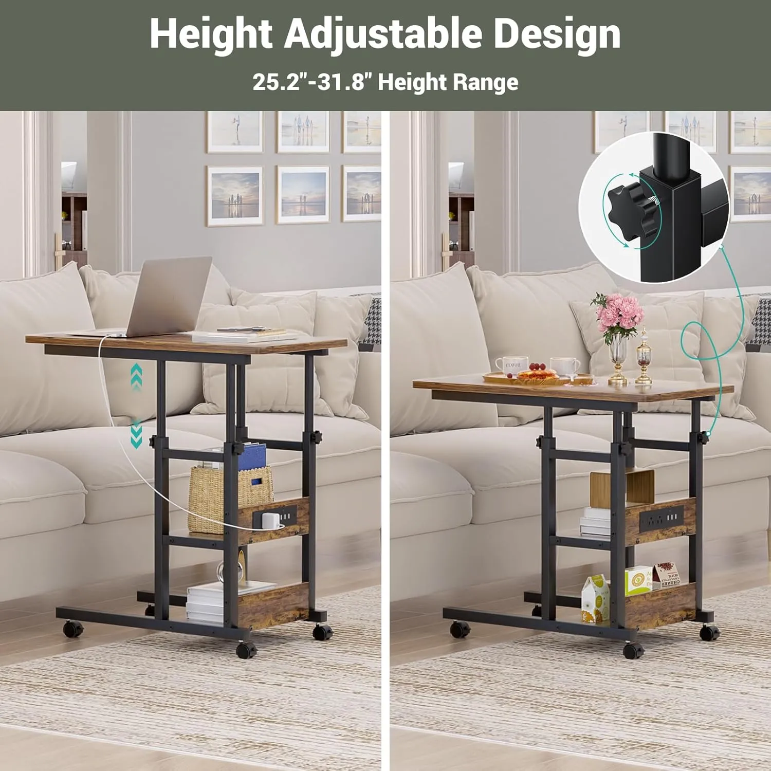Height Adjustable End Table with Charging Station, Mobile C Shaped Laptop Side Table with Wheels, 3-Tier Sofa Couch Table with Storage Shelve for Living Room Bedroom, Rustic Brown
