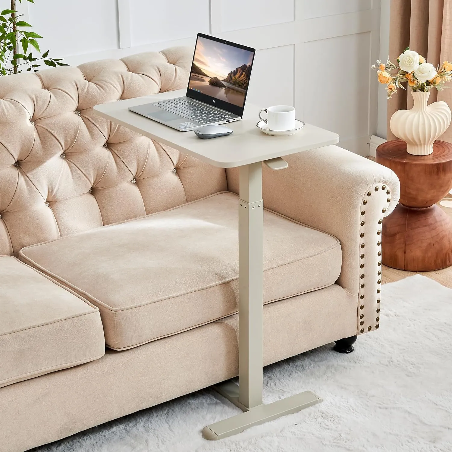 Height Adjustable Overbed Table with Hidden Wheels, Mobile Standing Desk Hospital Bed Table Laptop Bedside Sofa Side Table, 16" D x 28" W Multi-Purpose Rolling Overbed Table, Greyish White