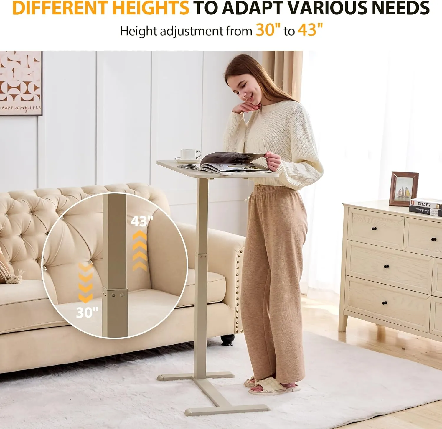 Height Adjustable Overbed Table with Hidden Wheels, Mobile Standing Desk Hospital Bed Table Laptop Bedside Sofa Side Table, 16" D x 28" W Multi-Purpose Rolling Overbed Table, Greyish White