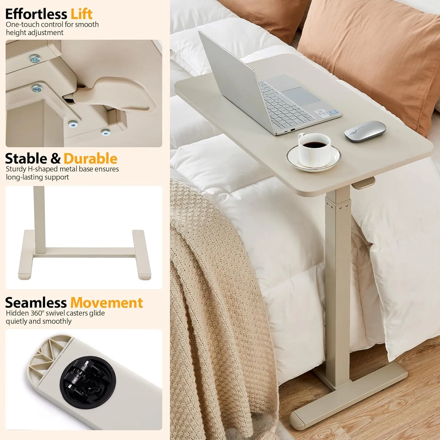 Height Adjustable Overbed Table with Hidden Wheels, Mobile Standing Desk Hospital Bed Table Laptop Bedside Sofa Side Table, 16" D x 28" W Multi-Purpose Rolling Overbed Table, Greyish White