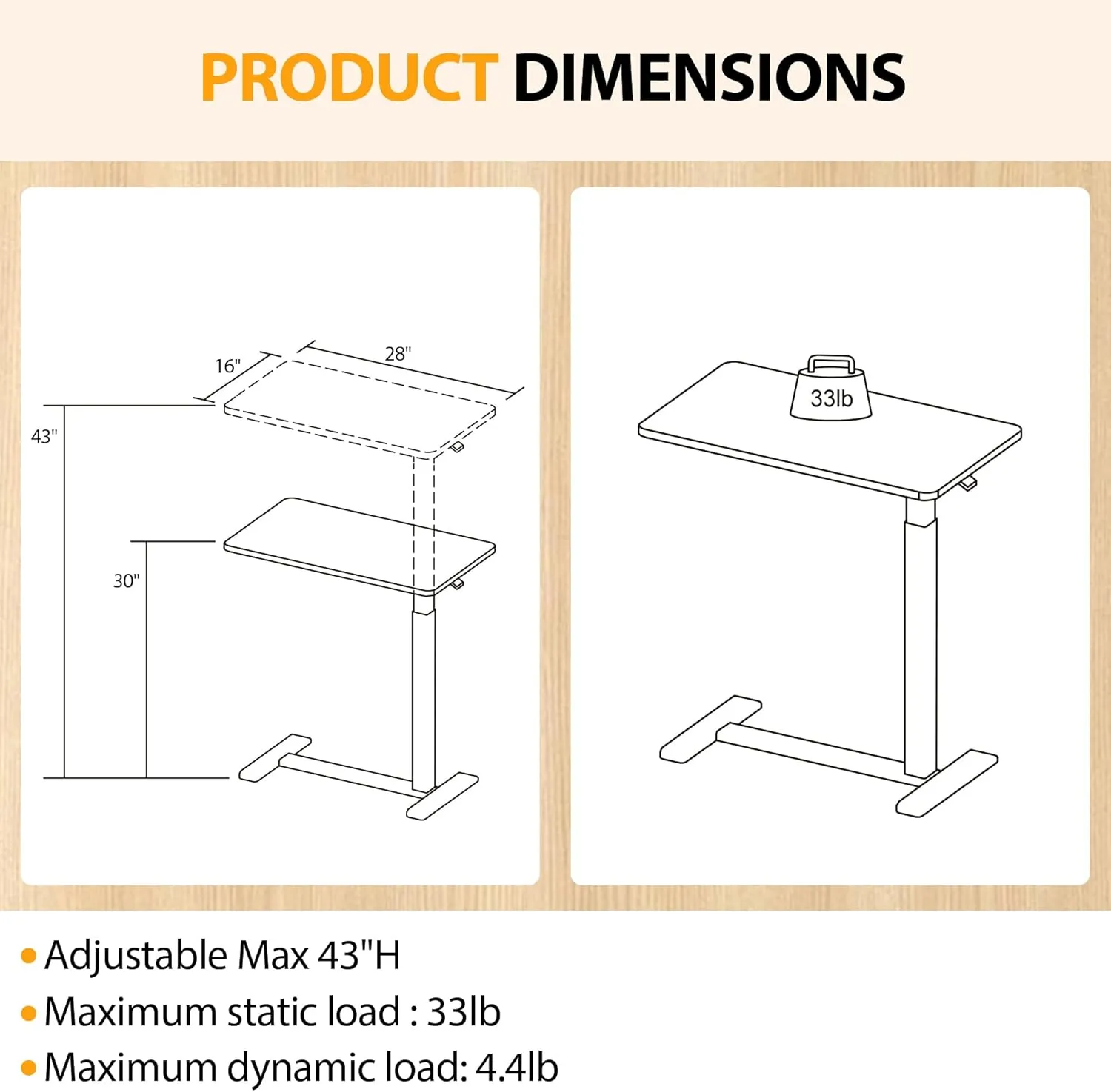 Height Adjustable Overbed Table with Hidden Wheels, Mobile Standing Desk Hospital Bed Table Laptop Bedside Sofa Side Table, 16" D x 28" W Multi-Purpose Rolling Overbed Table, Greyish White
