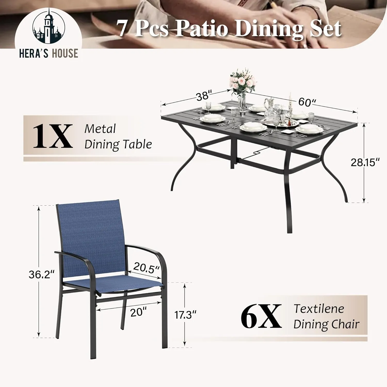 HERA'S HOUSE 7 PCS Patio Dining Set Outdoor Table Chairs, Large Table with Double Umbrella Hole and 6 Chairs, Patio Table and Chairs Set for Backyard, Porch, Deck (Blue)
