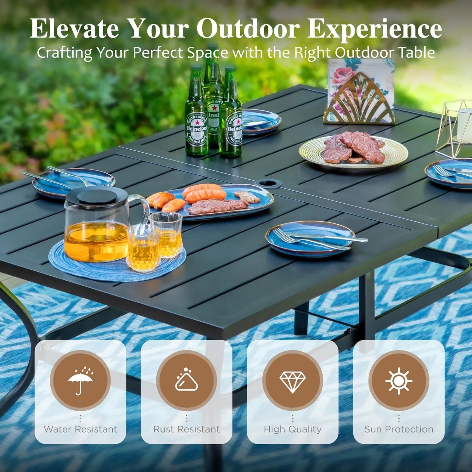 HERA'S HOUSE 7 PCS Patio Dining Set Outdoor Table Chairs, Large Table with Double Umbrella Hole and 6 Chairs, Patio Table and Chairs Set for Backyard, Porch, Deck (Blue)