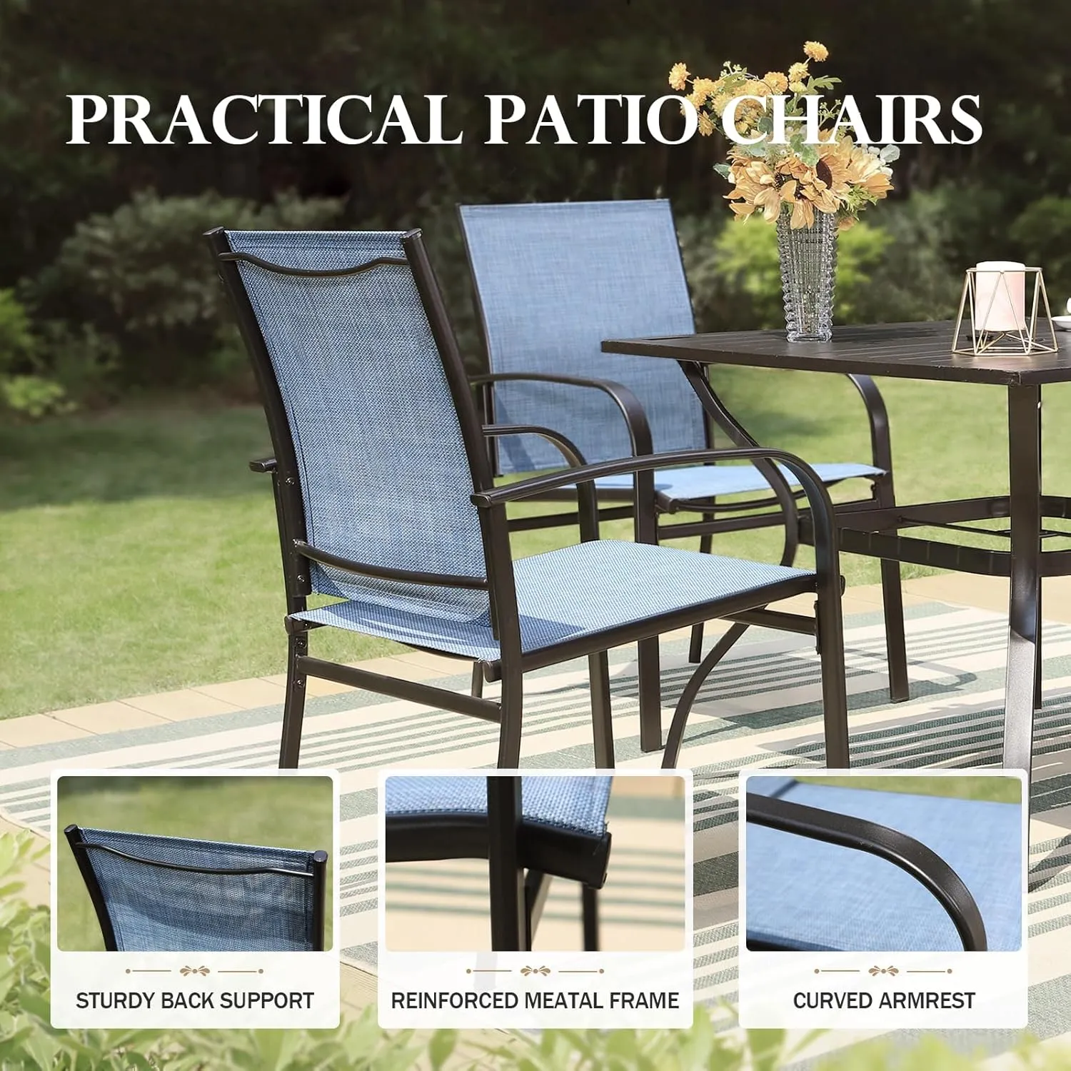 HERA'S HOUSE 7 PCS Patio Dining Set Outdoor Table Chairs, Large Table with Double Umbrella Hole and 6 Chairs, Patio Table and Chairs Set for Backyard, Porch, Deck (Blue)