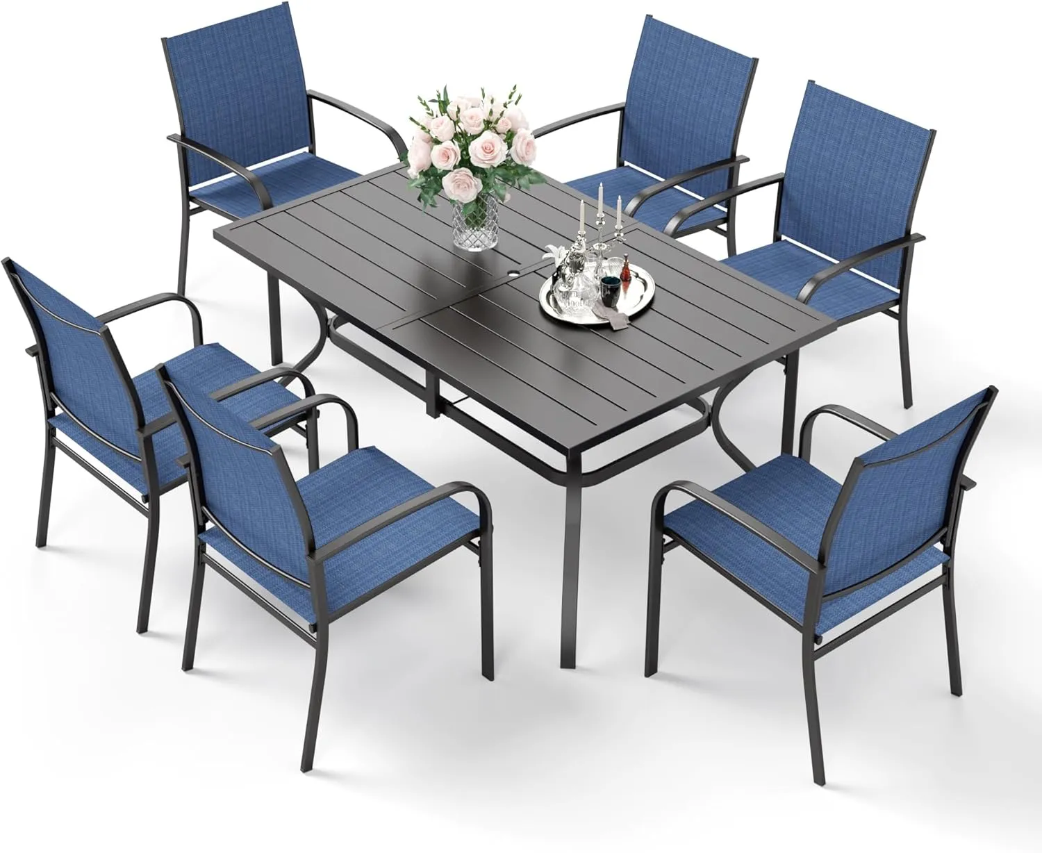 HERA'S HOUSE 7 PCS Patio Dining Set Outdoor Table Chairs, Large Table with Double Umbrella Hole and 6 Chairs, Patio Table and Chairs Set for Backyard, Porch, Deck (Blue)