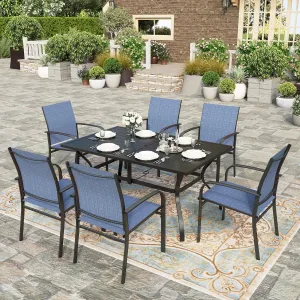 HERA'S HOUSE 7 PCS Patio Dining Set Outdoor Table Chairs, Large Table with Double Umbrella Hole and 6 Chairs, Patio Table and Chairs Set for Backyard, Porch, Deck (Blue)