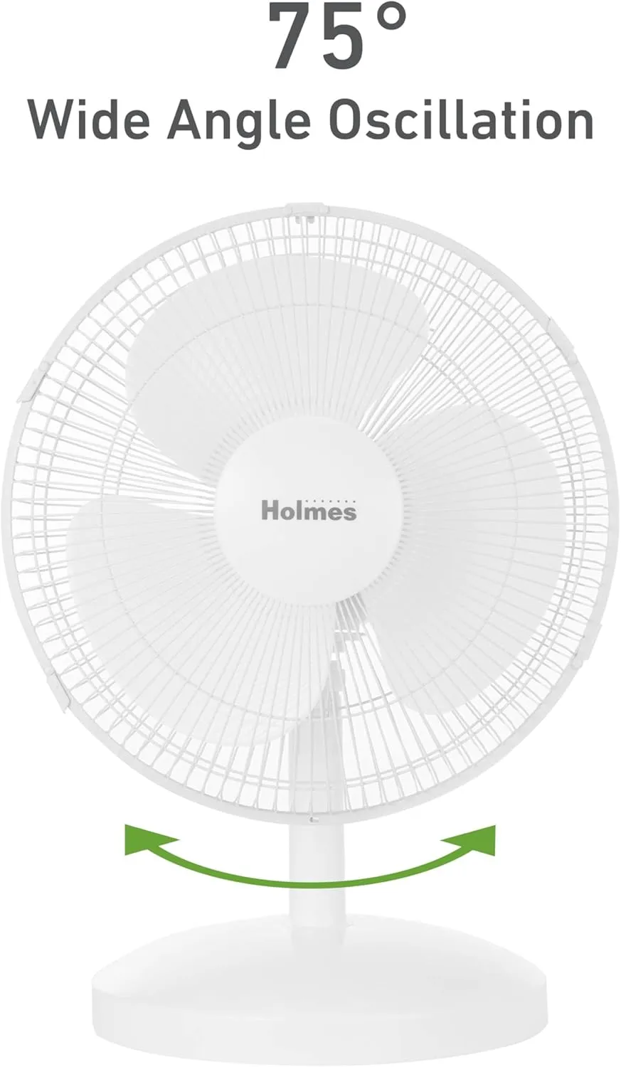 HOLMES 12" Table Fan, 75° Oscillation, 3 Speeds, 15° Adjustable Head Tilt, Ideal for Home, Bedroom or Office, White