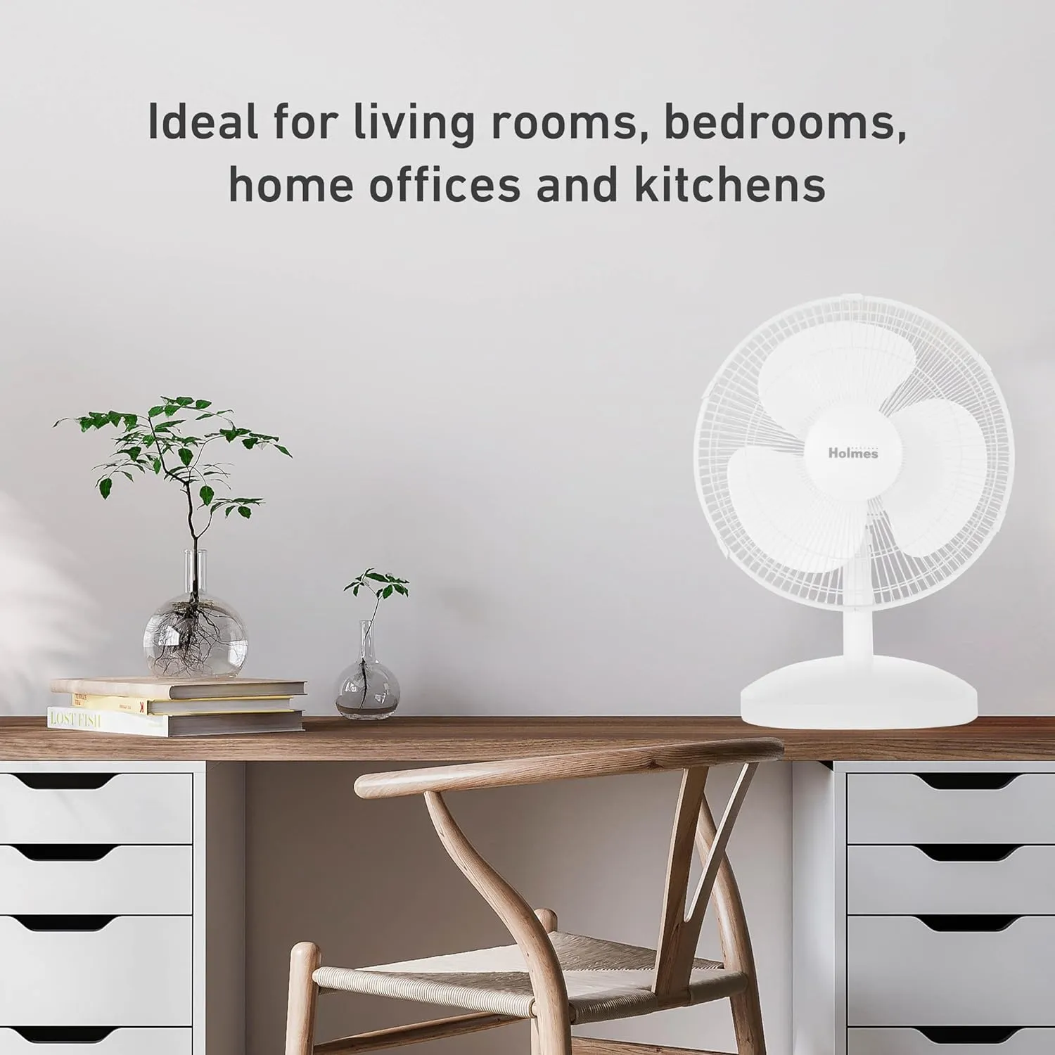 HOLMES 12" Table Fan, 75° Oscillation, 3 Speeds, 15° Adjustable Head Tilt, Ideal for Home, Bedroom or Office, White