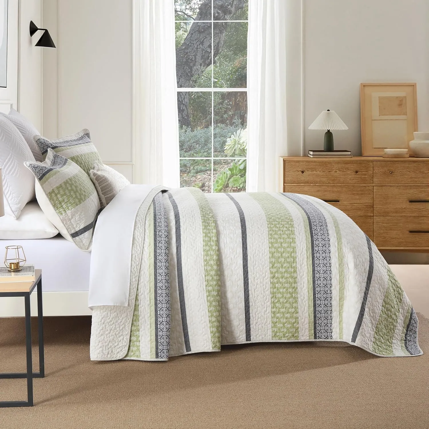 Homzard King Size Quilt,Cotton King Size Bedding Comforter Set,Sage Green Beige Grey Bedspread Set,Striped Bed Set Coverlet Lightweight Farmhouse Home Decor 3 Piece