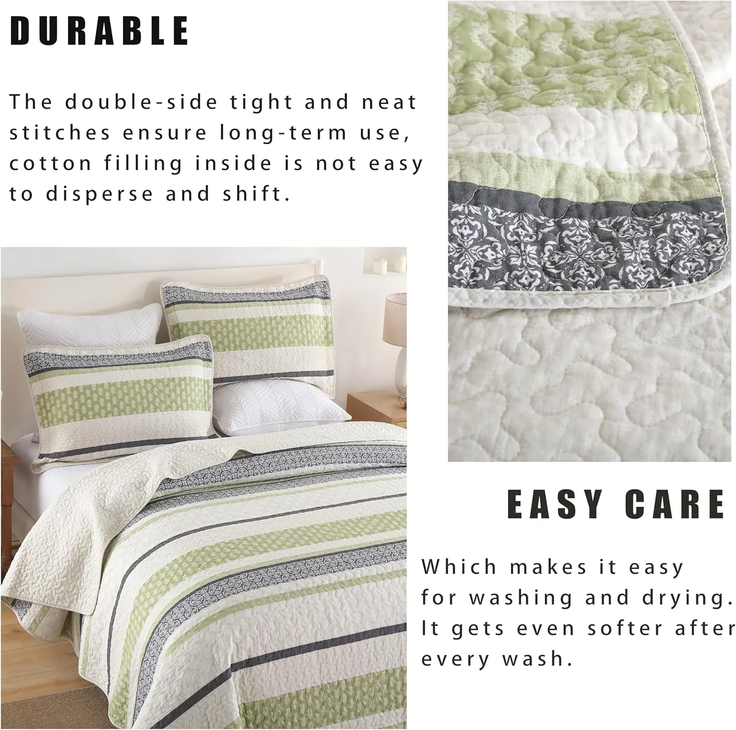 Homzard King Size Quilt,Cotton King Size Bedding Comforter Set,Sage Green Beige Grey Bedspread Set,Striped Bed Set Coverlet Lightweight Farmhouse Home Decor 3 Piece