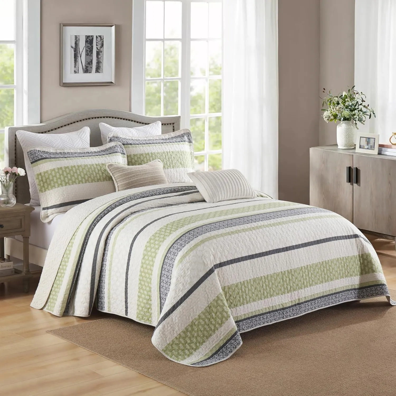 Homzard King Size Quilt,Cotton King Size Bedding Comforter Set,Sage Green Beige Grey Bedspread Set,Striped Bed Set Coverlet Lightweight Farmhouse Home Decor 3 Piece