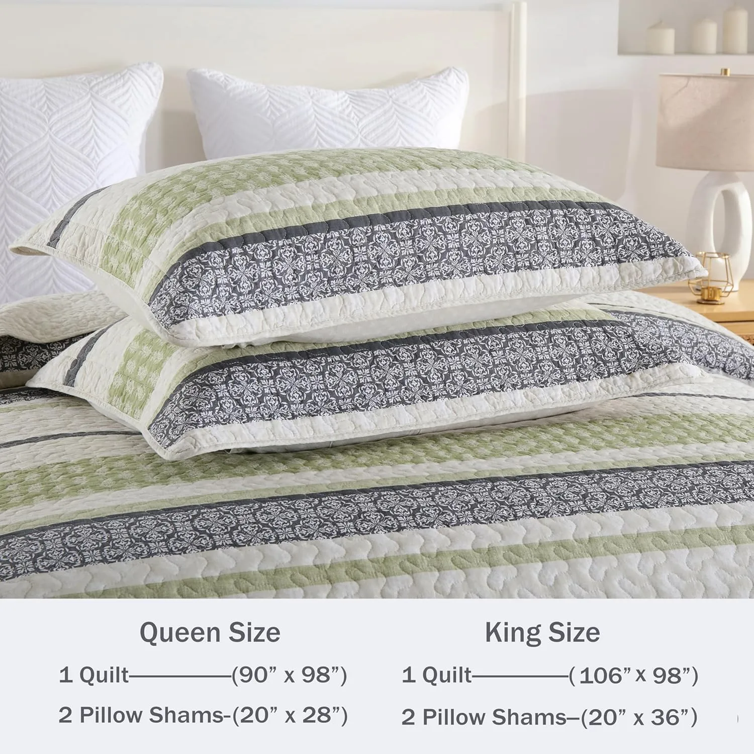 Homzard King Size Quilt,Cotton King Size Bedding Comforter Set,Sage Green Beige Grey Bedspread Set,Striped Bed Set Coverlet Lightweight Farmhouse Home Decor 3 Piece