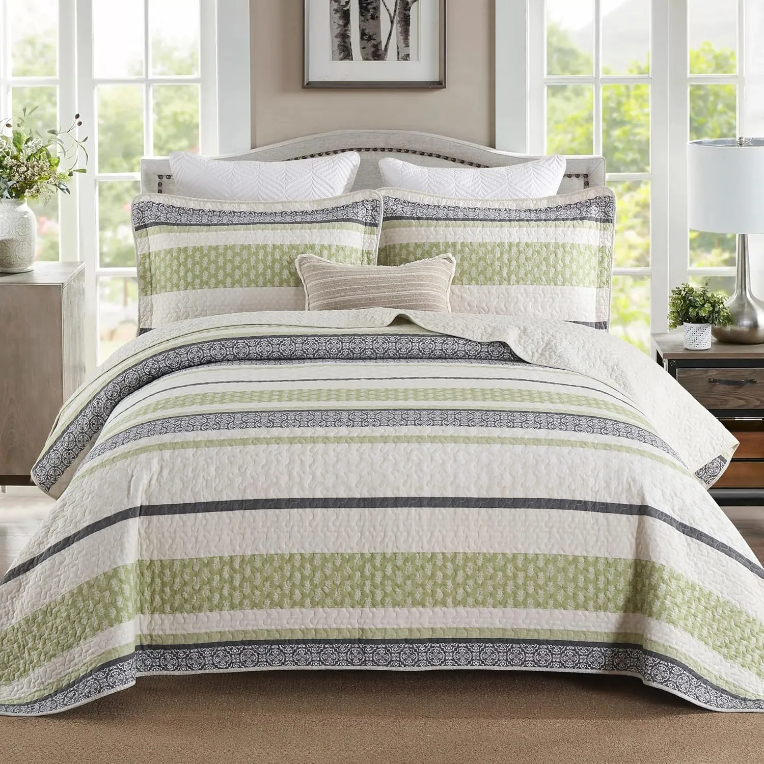 Homzard King Size Quilt,Cotton King Size Bedding Comforter Set,Sage Green Beige Grey Bedspread Set,Striped Bed Set Coverlet Lightweight Farmhouse Home Decor 3 Piece