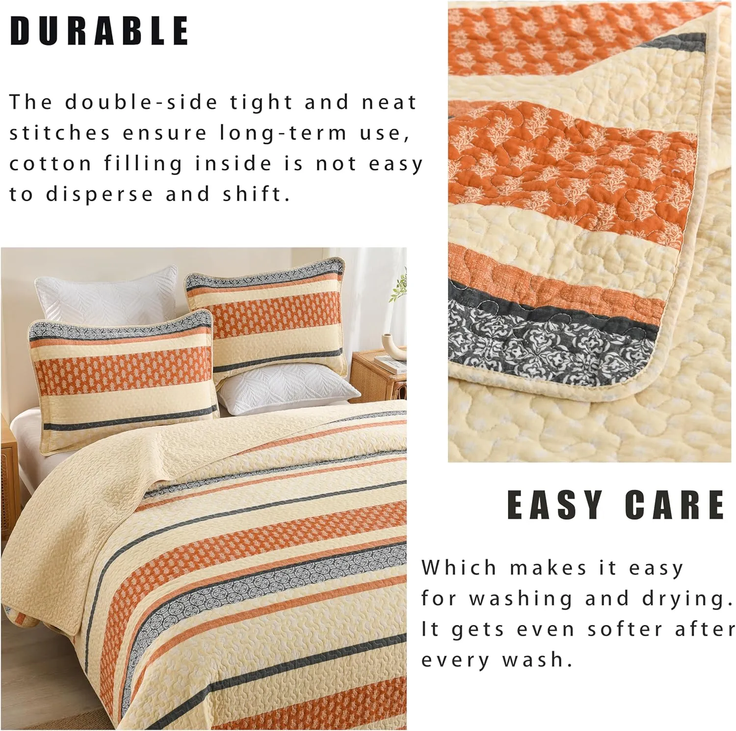 Homzard Quilt King Size, Cotton Orange Gray Black Striped Quilt Bedding Set,Floral Comforter Set King Size,Fall Lightweight Bedspread with Shams,3 Piece All Season