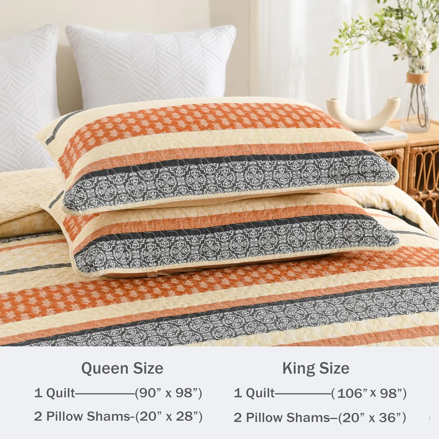 Homzard Quilt King Size, Cotton Orange Gray Black Striped Quilt Bedding Set,Floral Comforter Set King Size,Fall Lightweight Bedspread with Shams,3 Piece All Season