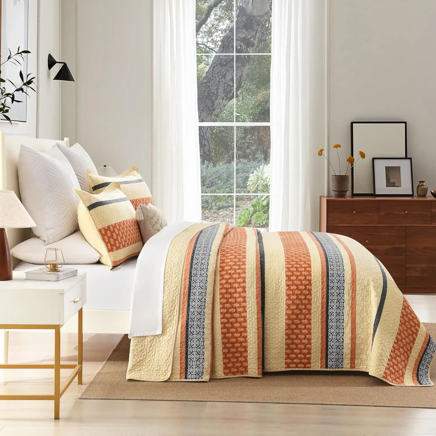 Homzard Quilt King Size, Cotton Orange Gray Black Striped Quilt Bedding Set,Floral Comforter Set King Size,Fall Lightweight Bedspread with Shams,3 Piece All Season