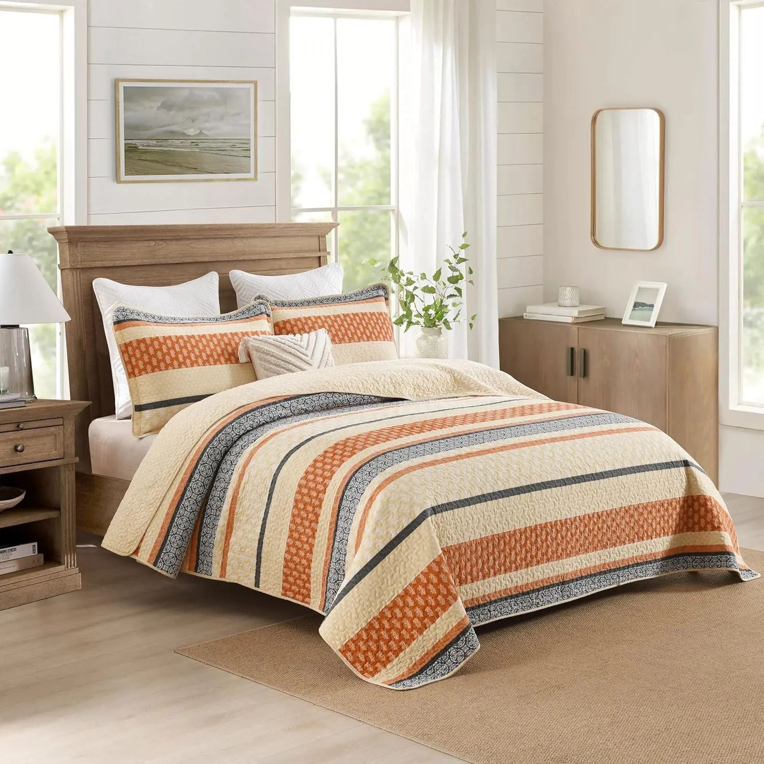 Homzard Quilt King Size, Cotton Orange Gray Black Striped Quilt Bedding Set,Floral Comforter Set King Size,Fall Lightweight Bedspread with Shams,3 Piece All Season