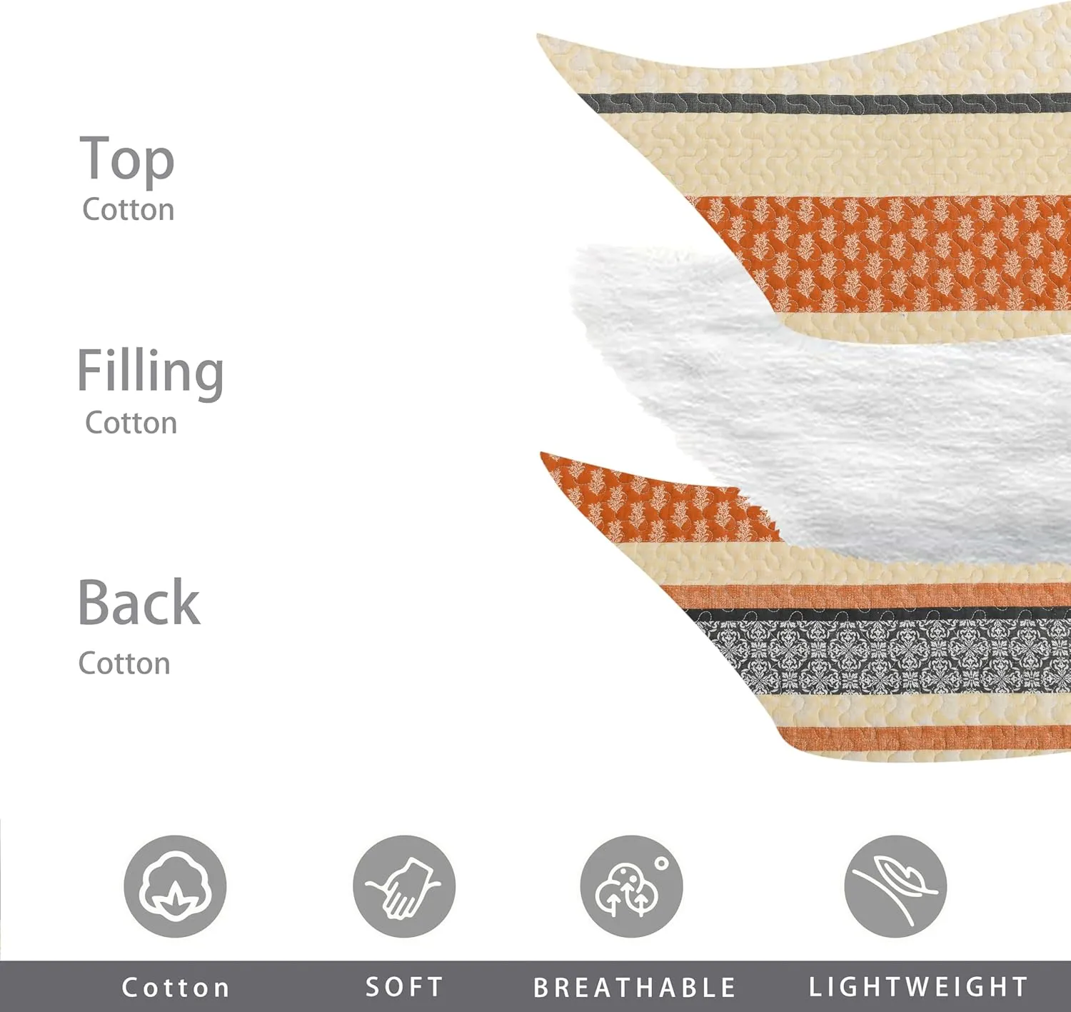 Homzard Quilt King Size, Cotton Orange Gray Black Striped Quilt Bedding Set,Floral Comforter Set King Size,Fall Lightweight Bedspread with Shams,3 Piece All Season
