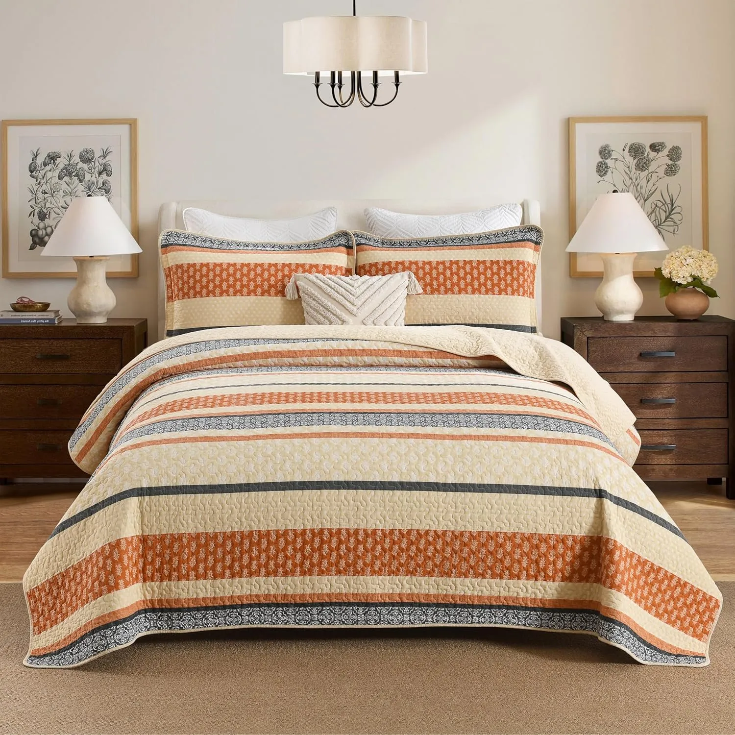Homzard Quilt King Size, Cotton Orange Gray Black Striped Quilt Bedding Set,Floral Comforter Set King Size,Fall Lightweight Bedspread with Shams,3 Piece All Season