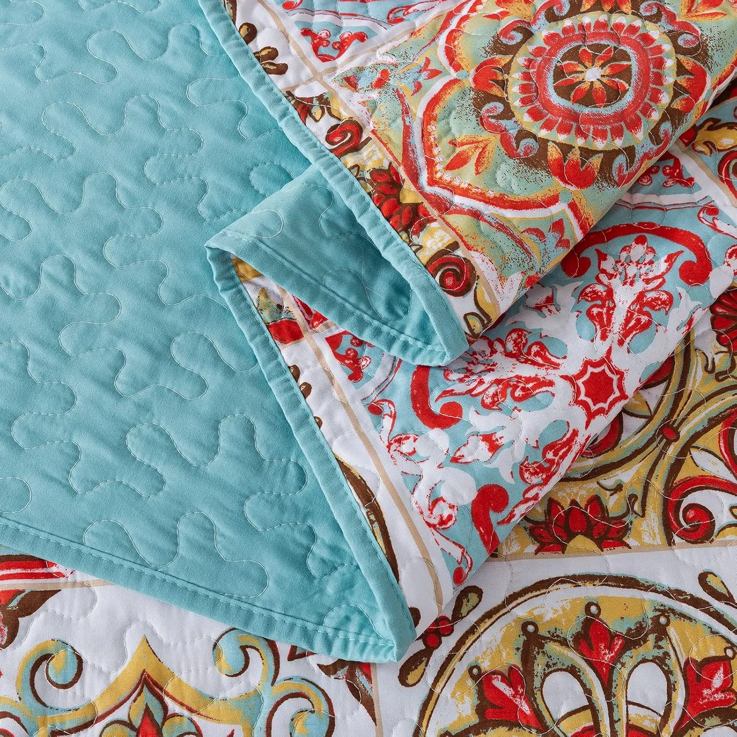 HoneiLife Bedspread Quilt Set King - 3 Piece Microfiber Bedspreads Luxurious Coverlet Lightweight Bedcover Warm Bedding Set All Season Quilts-Moroccan,Cyan & Red