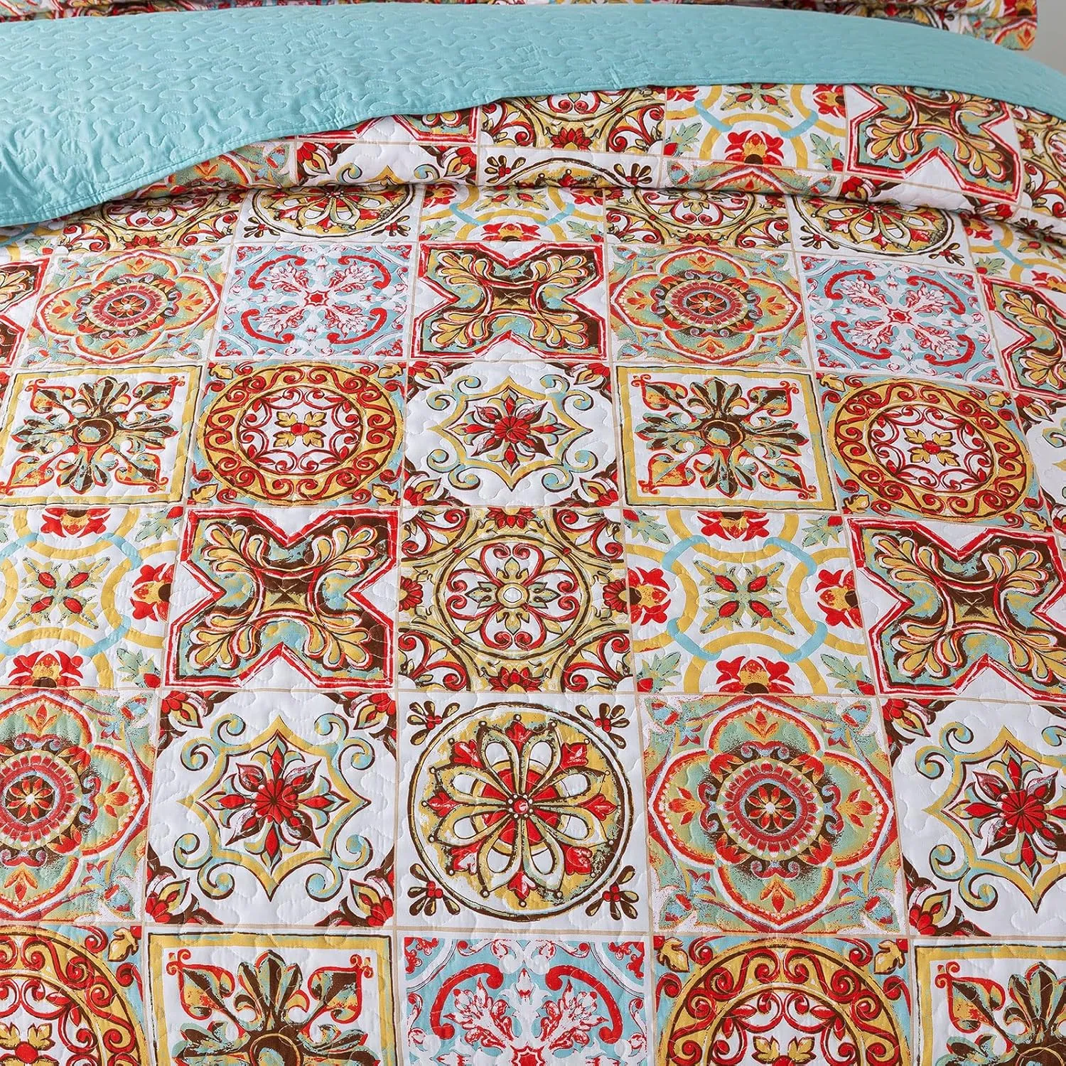 HoneiLife Bedspread Quilt Set King - 3 Piece Microfiber Bedspreads Luxurious Coverlet Lightweight Bedcover Warm Bedding Set All Season Quilts-Moroccan,Cyan & Red